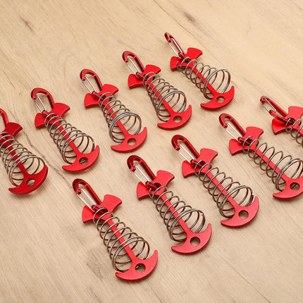 Carabiner Hook - Red - 10-pack - Ceiling Anchor with Carabiner Hook - Aluminium - Anchor - Spring Pin - Camping - Outdoor - Fishbone - Tent Anchor - Tent Rope - Spanner - Fishing Line - Adjuster - Pin