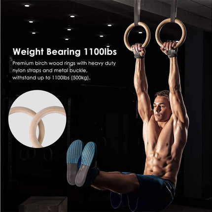 2 pcs Wood Gymnastic Rings - Olympic Gym Rings with Adjustable Straps, Heavy Duty Gym Equipment for Home Gym, Train Workout, Strength Training 28mm