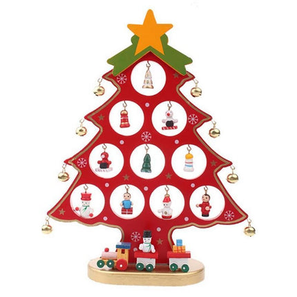 Funny Desktop Wooden Christmas Tree Decor Set with 10 Mini Ornaments - Red
