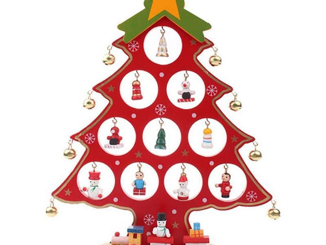 Funny Desktop Wooden Christmas Tree Decor Set with 10 Mini Ornaments - Red
