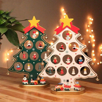 Funny Desktop Wooden Christmas Tree Decor Set with 10 Mini Ornaments - Red