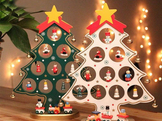 Funny Desktop Wooden Christmas Tree Decor Set with 10 Mini Ornaments - Red