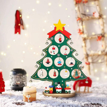 Funny Desktop Wooden Christmas Tree Decor Set with 10 Mini Ornaments - Red