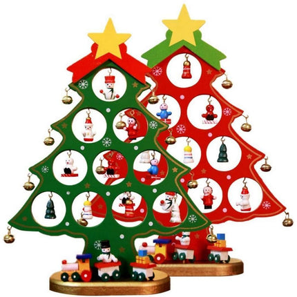 Funny Desktop Wooden Christmas Tree Decor Set with 10 Mini Ornaments - Red