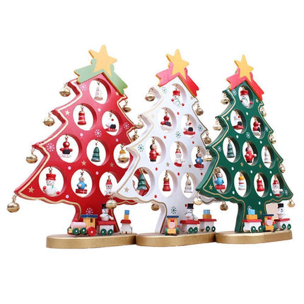 Funny Desktop Wooden Christmas Tree Decor Set with 10 Mini Ornaments - Red