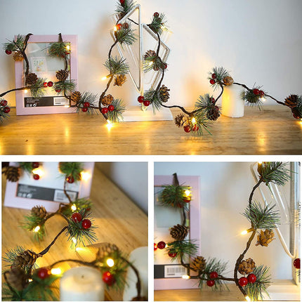 3M 30 LED Pinecone String Lights, Battery Powered, Xmas Red Berries Decor (2 Pack)