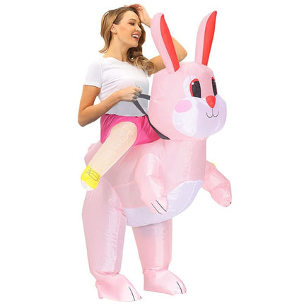 Pink Ride On Rabbit Cartoon Costumes Air Model Inflatable Costume Funny Dress Up Props Halloween Party Clothes Adult One Size