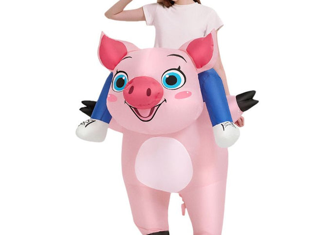 Pink Ride On Pig Cartoon Costumes Air Model Inflatable Costume Funny Dress Up Props Halloween Party Clothes Adult One Size