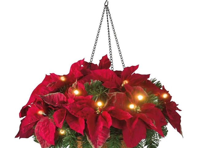 Pre Lit Christmas Hanging Basket Flocked with Mixed Decorations and LED Lights Artificial Frosted Berry Pine Cones for Christmas Outdoor Yard Decor