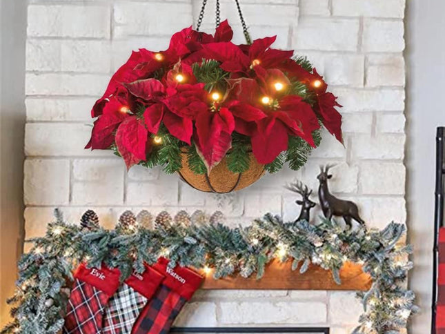 Pre Lit Christmas Hanging Basket Flocked with Mixed Decorations and LED Lights Artificial Frosted Berry Pine Cones for Christmas Outdoor Yard Decor