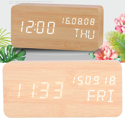 LED Digital Alarm Clock Wooden Alarm Clock Sound Control 3 Brightness Adjustment for Living Room Office
