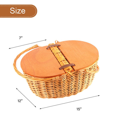 Woven Picnic Basket Durable Portable Wicker Hand Basket Rustic Fruit Basket with Lid for Outdoor Outing