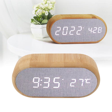Wooden Alarm Clock Digital Voice Control LED Glowing USB Plug in Electronic Alarm Clock Home Decoration