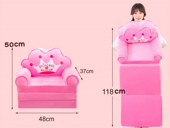 Foldable Kids Sofa Plush Soft Cute Cartoon Children Couch Bed with Armrests for Boys Girls Bedroom Pink Crown 3 Layers