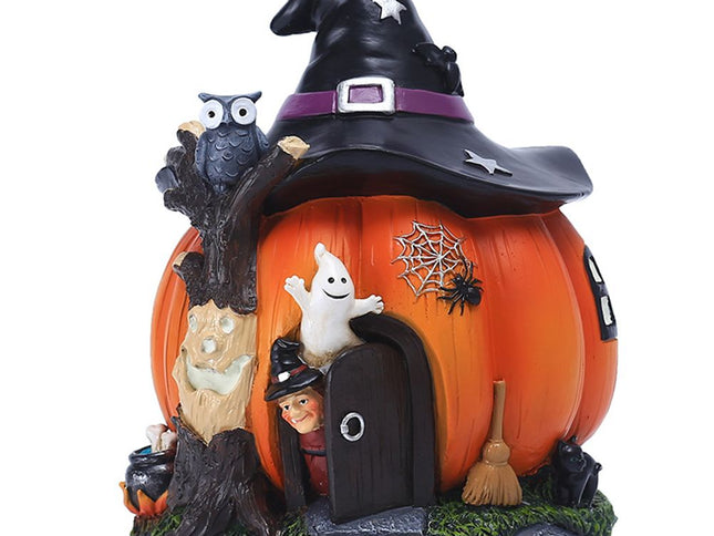 Halloween Witch Pumpkin House Figurine Luminous Resin Pumpkin Statue Crafts Desktop Ornament Halloween Party Decorations Gifts