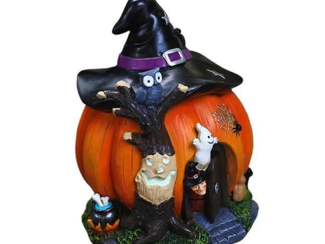 Halloween Witch Pumpkin House Figurine Luminous Resin Pumpkin Statue Crafts Desktop Ornament Halloween Party Decorations Gifts