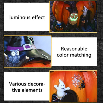 Halloween Witch Pumpkin House Figurine Luminous Resin Pumpkin Statue Crafts Desktop Ornament Halloween Party Decorations Gifts