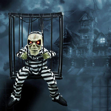 Halloween Scary Screaming Animated Skeleton Cage Prisoner with Light Up Eyes Haunted House Props Halloween Party Decorations