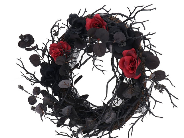Halloween Wreath Dead Black ABS Artificial Branches Design with Red Flower Door Wreath Garland for Decoration