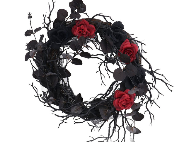 Halloween Wreath Dead Black ABS Artificial Branches Design with Red Flower Door Wreath Garland for Decoration