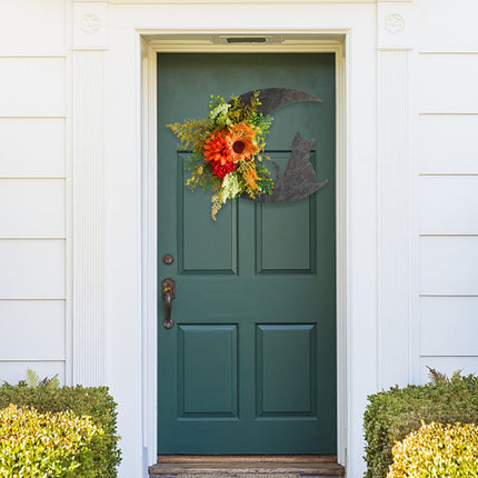 Halloween Moon Cat Garland Halloween Wreath Hanging Decoration for Halloween Party Home Farmhouse Porch Front Door Decor