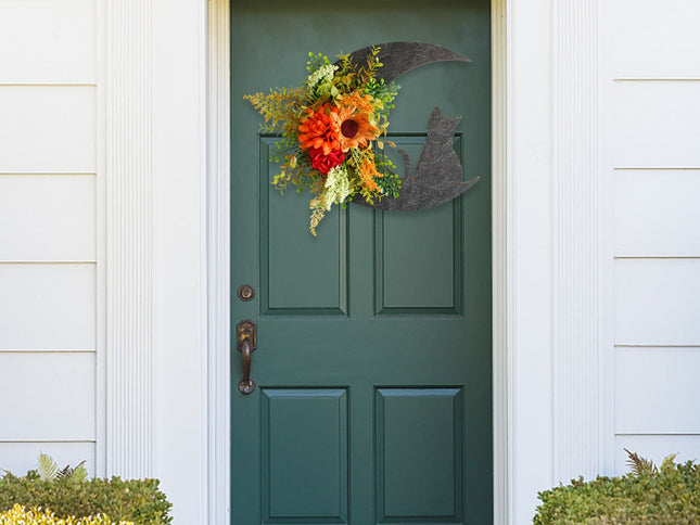 Halloween Moon Cat Garland Halloween Wreath Hanging Decoration for Halloween Party Home Farmhouse Porch Front Door Decor
