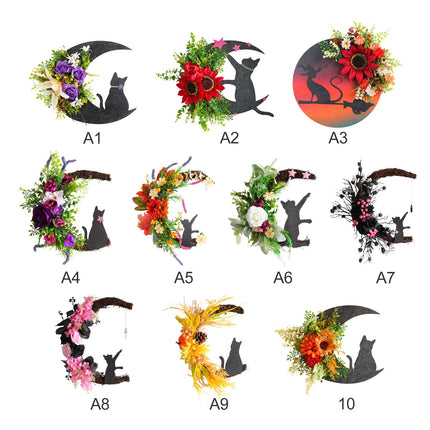 Halloween Moon Cat Garland Halloween Wreath Hanging Decoration for Halloween Party Home Farmhouse Porch Front Door Decor
