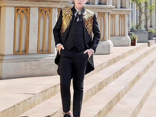 Boys Tuxedo Suit 3 Piece Set Piano Performance Black gold sequined Wings 3-Piece Set: jacket + pants + waistcoat 130cm
