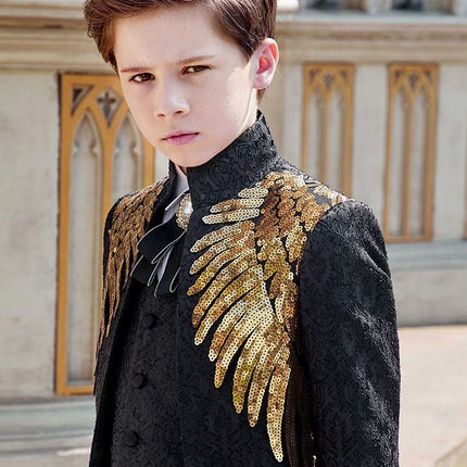 Boys Tuxedo Suit 3 Piece Set Piano Performance Black gold sequined Wings 3-Piece Set: jacket + pants + waistcoat 130cm