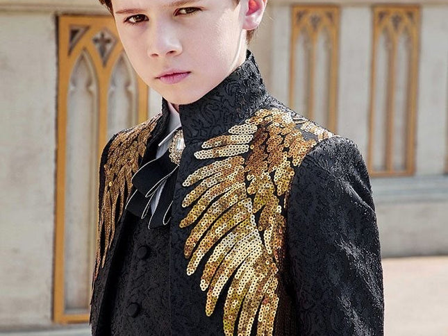 Boys Tuxedo Suit 3 Piece Set Piano Performance Black gold sequined Wings 3-Piece Set: jacket + pants + waistcoat 130cm