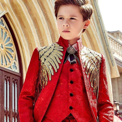 Boys Tuxedo Suit 3 Piece Set Piano Performance Black gold sequined Wings 3-Piece Set: jacket + pants + waistcoat 130cm