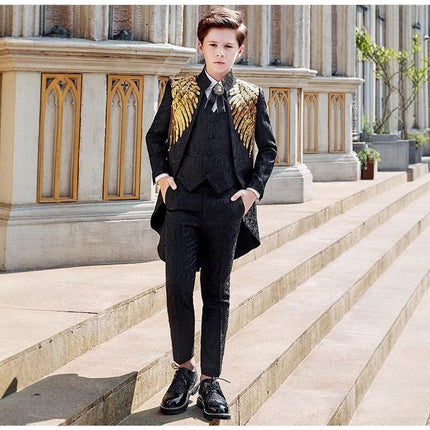 Boys Tuxedo Suit 3 Piece Set Piano Performance Black gold sequined Wings 3-Piece Set: jacket + pants + waistcoat 140cm