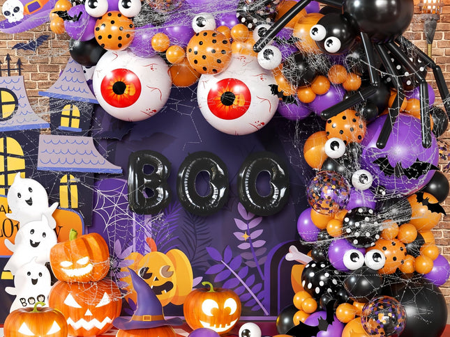 Halloween Decoration Set – Light-Up Pumpkin Lamp,128 Pcs Halloween Party Balloon Garland Arch Kit & Hand Pump for Indoor Outdoor Halloween Porch,Fireplace Funny Decor