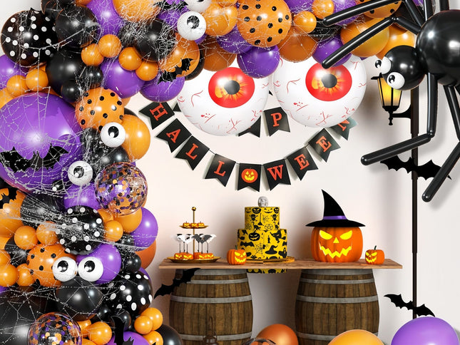Halloween Decoration Set – Light-Up Pumpkin Lamp,128 Pcs Halloween Party Balloon Garland Arch Kit & Hand Pump for Indoor Outdoor Halloween Porch,Fireplace Funny Decor
