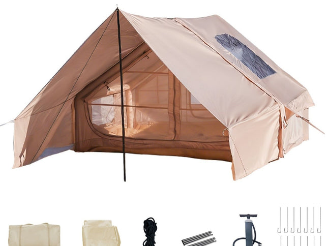 Waterproof Inflatable Camping Tent with Canopy, Awning Porch & Air Pump – 4–6 Person, Khaki