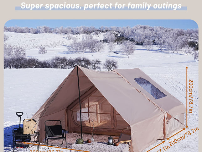 Waterproof Inflatable Camping Tent with Canopy, Awning Porch & Air Pump – 4–6 Person, Khaki