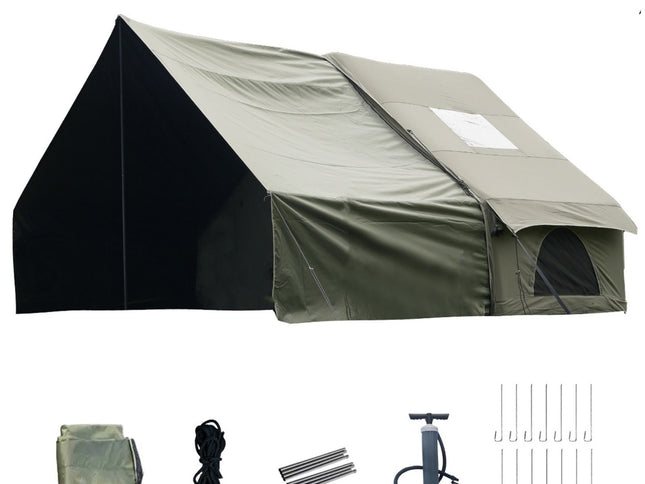 Waterproof Inflatable Camping Tent with Canopy, Awning Porch & Air Pump – 4–6 Person, Dark Green