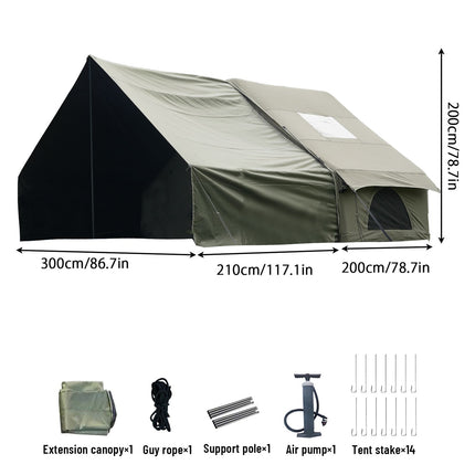 Dark Green Inflatable Camping Tent with Canopy, Large 4-6 Person, Waterproof, Heavy Duty Cabin Glamping Hiking Blow Up Tent with Awning Extension Porch and Air Pump