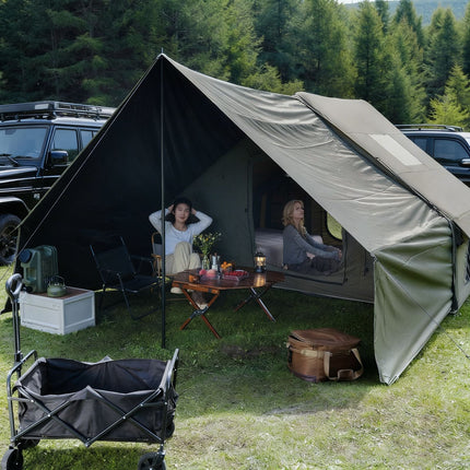 Dark Green Inflatable Camping Tent with Canopy, Large 4-6 Person, Waterproof, Heavy Duty Cabin Glamping Hiking Blow Up Tent with Awning Extension Porch and Air Pump