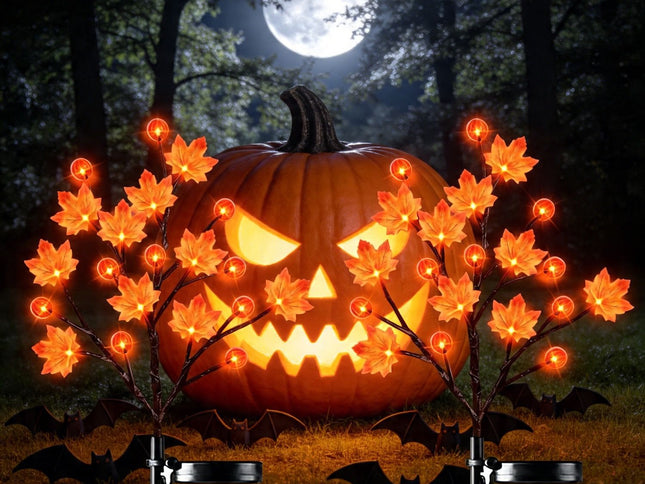 Solar Maple Leaf Branch Lights with 20 Warm LEDs, 8 Lighting Modes & IP65 Waterproof, Auto On/Off Garden Pathway Decor for Fall Harvest and Halloween Ambiance (2PCS, Pumpkin-Small  Maple)