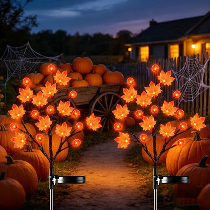 Solar Maple Leaf Branch Lights with 20 Warm LEDs, 8 Lighting Modes & IP65 Waterproof, Auto On/Off Garden Pathway Decor for Fall Harvest and Halloween Ambiance (2PCS, Pumpkin-Small  Maple)