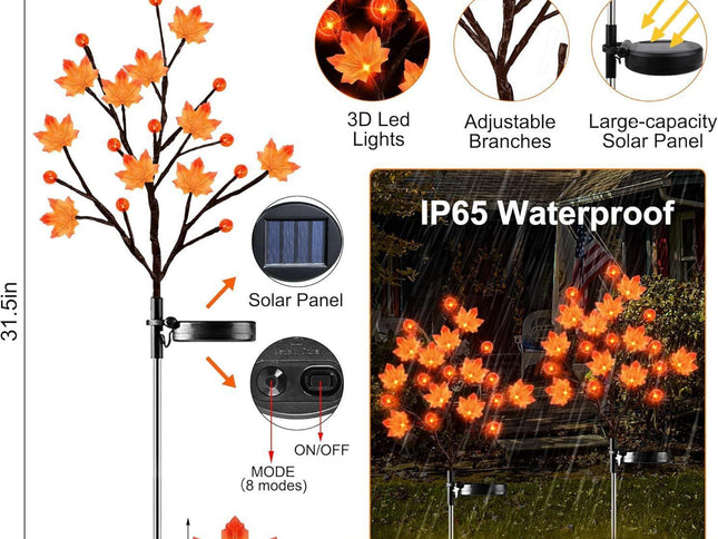 Solar Maple Leaf Branch Lights with 20 Warm LEDs, 8 Lighting Modes & IP65 Waterproof, Auto On/Off Garden Pathway Decor for Fall Harvest and Halloween Ambiance (3PCS, Pumpkin-Small  Maple)