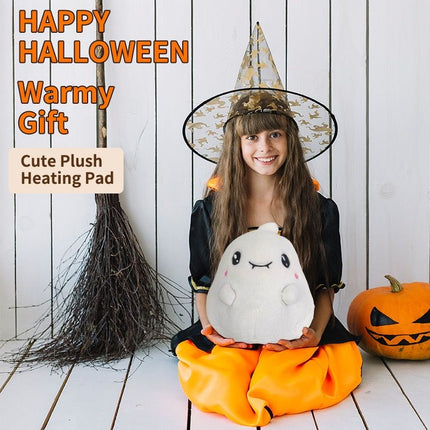 USB-Powered Plush Heating Pad, Cartoon Ghost Design, Soft Warm Stuffed Toy for Home, Office, and Travel, Perfect Cozy Gift for Halloween and Cold Days (White)