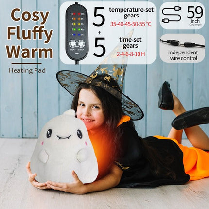 USB-Powered Plush Heating Pad, Cartoon Ghost Design, Soft Warm Stuffed Toy for Home, Office, and Travel, Perfect Cozy Gift for Halloween and Cold Days (White)