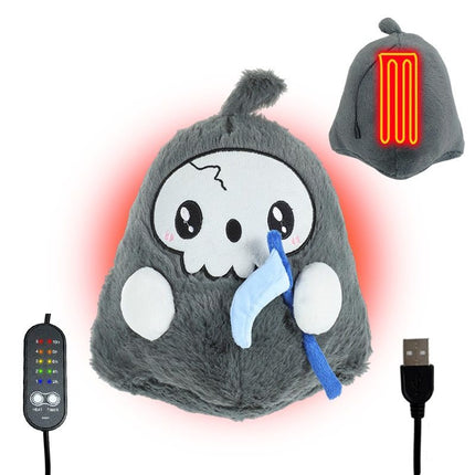 USB-Powered Plush Heating Pad with Cute Grim Reaper Design – Portable Warmth for Home, Office, Car, and Halloween-Themed Gifting (Grey)