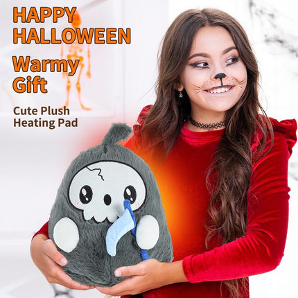 USB-Powered Plush Heating Pad with Cute Grim Reaper Design – Portable Warmth for Home, Office, Car, and Halloween-Themed Gifting (Grey)