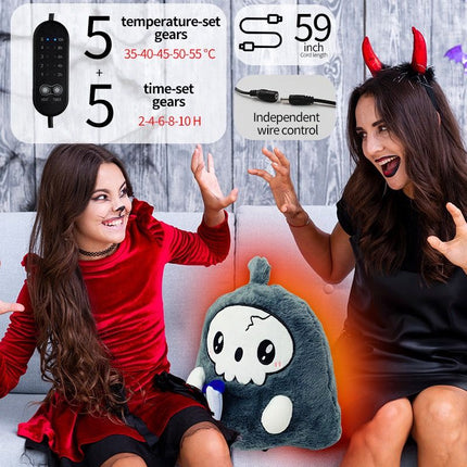 USB-Powered Plush Heating Pad with Cute Grim Reaper Design – Portable Warmth for Home, Office, Car, and Halloween-Themed Gifting (Grey)