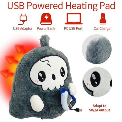 USB-Powered Plush Heating Pad with Cute Grim Reaper Design – Portable Warmth for Home, Office, Car, and Halloween-Themed Gifting (Grey)
