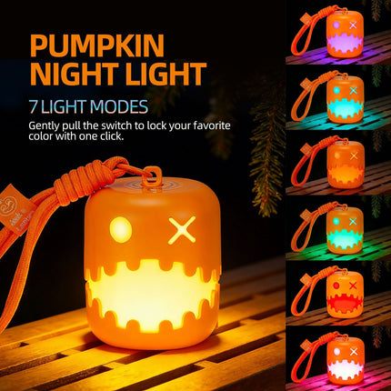 Dual-Expression Halloween Pumpkin Night Light with 7 Modes, Pull-String Control, and Rechargeable Battery – Spooky Festival Decor, Kids' Handheld Prop, and Cozy Bedside Lamp (2PCS)