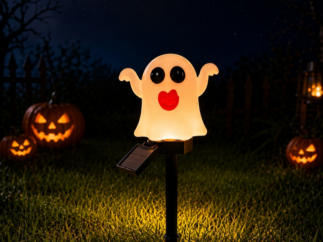 Halloween Solar Pathway Lights Set, 3 Spooky Designs Including Pumpkin with Witch Hat, Cute Ghost, and Faux Campfire, Warm Glow, Auto On/Off, Waterproof Solar Stake Lights for Outdoor Garden Yard Path Decor (Ghost, 3PCS)